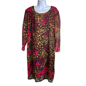 Diane Freis Mixed Cheetah Floral Print‎ 100% Silk Midi Dress Size 12 Statement